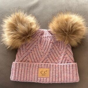 C.C Baby marled pink, blue ribbed knit double faux fur pom pom hat. NWOT.